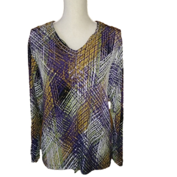 Dana Buchman Multi Colored V-Neck Embellished Top - Picture 1 of 5